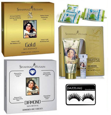 

DAZZLING Eyelashes, Shahnaz Husain 24 carat Gold Facial Kit , Diamond Facail Kit , Shalife Plus Improved Formula Shasmooth Almond Under - Eye Cream, Magic Napkin Pack of 4(Set of 8)