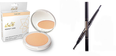 

iba halal care Fair Pearl SPF 15 Perfect look Long-Wear Mattifying Pressed Powder 01 with 2 in 1 Eyebrow Pencil with Eye Brows Brush Waterproof and Long-lasting dark brown 03 (dark brown)(Set of 2)