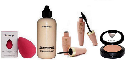 

fancify Spongy Puff , Mac Face & Body Foundation , Lakme 9 to 5 Eyeliner , Mascara & Starter Blusher(Set of 5)