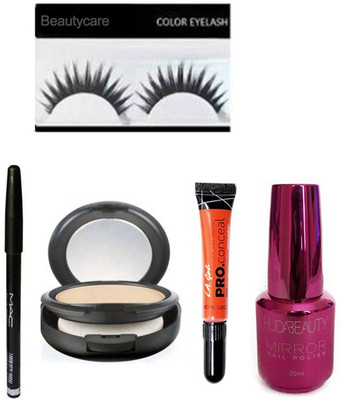 

beautycare combo set of eyelashes compact powder eyebrow pencil la concealer nail paint(Set of 5)
