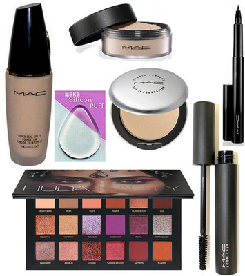 eska Silicon Puff, Mac Hyper Real Foundation SPF 15, Studio Perfect Compact,Zoom Lass Mascara,Loose Powder, pen Liner & Huda Beauty Desert Dusk Eyeshadow Palette(Set of 7)
