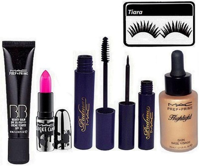 

tiara Eyelashes , Mac Prep+Prime Highlighter , Bb beauty blam cream , Padma Eyeliner And Mascara , Brook candy Pink Lipstick(Set of 6)