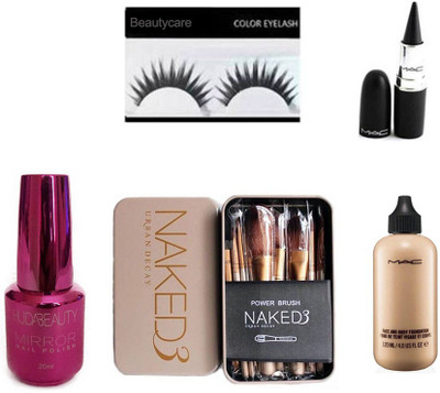 

beautycare combo set of eyelashes kajal nail paint naked brush set face and body foundation(Set of 16)