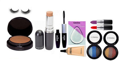 

caroline Silicon Puff, Mac Stick Concealer Studio Fix Fluid Spf 15,2 Way Compact, Select Cover-Up,3 Shades Eyeshedow, Matte Finish Lipstick & Color Bar 2 In 1 Eyeliner+Mascara With Eyelashes(Set of 10)