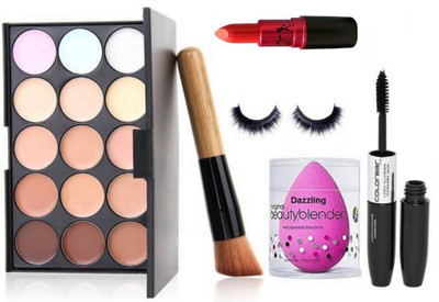 

DAZZLING Sponge Puff, Mac 15 Shade Concealer palette, Lady Gaga Lipstick,Brush, Eyelashes & Mascara(Set of 6)