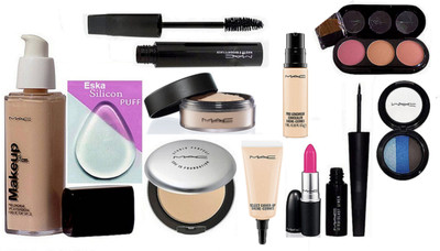 

Eska Silicon Puff, Mac Makeup Pro Longwear Foundation Spf 10,Studio Prefect Compact,Loose Powder,Select Cover Up,Pro longwear Concealer, Haute and Naughty Mascara,Liquid Last Eyeliner,Candy yum-yum Lipstick, 3 Shade Blusher, 3 Color Shade Eyeshadow(Set of