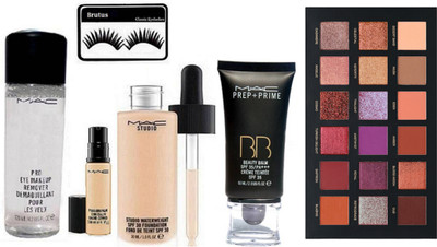 

BRUTUS Eyelashes, studio water weight foundation, pro long wear concealer, pro eye makeup remover, Prep+Prime BB BEauty Balm Cream Foundation, Huda Beauty Desert Dusk Eyeshadow Palette(Set of 6)