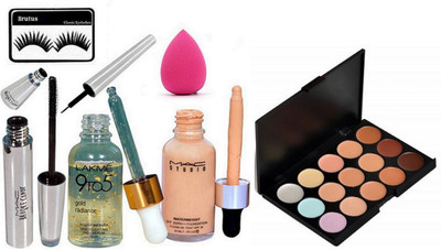 

brutus Eyelashes, 15 Shades Concealer palette, Studio waterweight, Candy Eyeliner & Mascara, 9to5 face Serum, Sponge Puff(Set of 7)