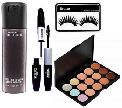 

BRUTUS Eyelashes, Mac 15 Shades Concealer Palette, Prep + Prime Moisture Infusion Face Serum, Colorbar 2in1 Mascara & Eyeliner(Set of 4)