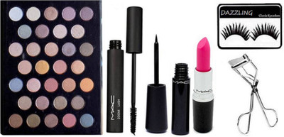 

DAZZLING Eyelashes, Mac 32 shade Eyeshadow Palette, Zoom Lash Mascara, Waterproof Eyeliner, Candy Yum Yum Lipstick, with Eyelashes Curler(Set of 6)
