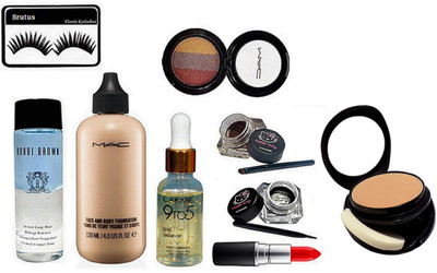 

brutus Eyelashes,Mac Face & Body Foundation, Hello Kitty Eyeliner, Matte Finish Listick, 9to5 Face serum, Two way compact, Bobbi Brown Instant Long Wear Makeup Remover, 3 shades Eyeshadow(Set of 8)