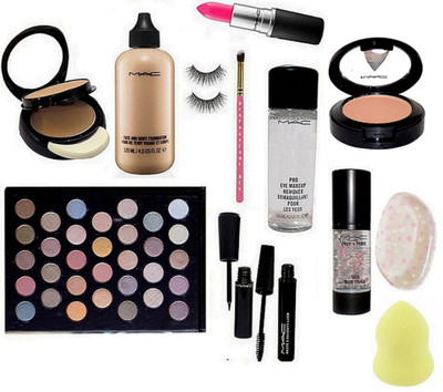 

professional kit Brushs & 32 Shade Eyeshadow& Eyelashes & Pink Lipstick & Face Compact & Eyeliner & Mascara & Foundation & Eye Makeup Remover & Pink Shade Blusher & Primer& Sponge Puff & Silicon Puff(Set of 13)