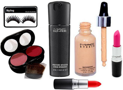 

styling Eyelashes, Mac WaterWeight Spf 30/pa++ Foundation, 2 Shade Blusher, Pre+Prime Moisture Infusion Serum& LongLasting Lipstick (set of 2)(Set of 6)