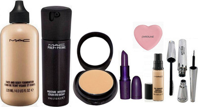 

CAROLINE Silicon Puff & Mac Face and body Foundation, Pro Long Wear Concealer, Lipstick, Brook Candy Eyeliner & Mascara , Prep+prime Moisture Infusion Serum, Compact(Set of 8)