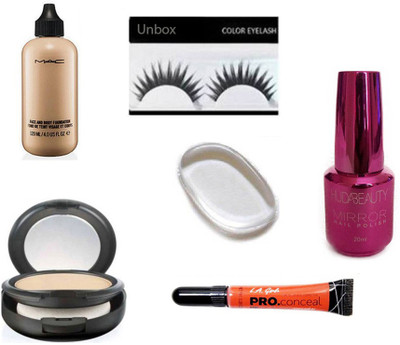 

unbox combo set of compact powder eyelashes la concealer face and body foundation silicon puff nail paint(Set of 6)
