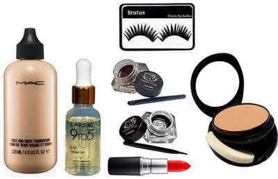 

brutus Eyelashes,Mac Face & Body Foundation, Hello Kitty Eyeliner, Matte Finish Listick, 9to5 Face serum, Two way compact(Set of 6)
