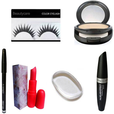 

beautycare combo set of eyelashes compact powder eyebrow pencil giambattista lipstick silicon puff eyemascara(Set of 6)