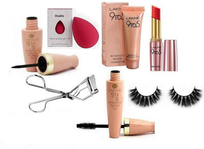 

studio Sponge Puff With Lakme 9to5 Mousse Foundation 6gm,Liquid Eyeliner With Mascara & Primer+Matte Lipstick & Eyelashes Curler,Eyelashes(Set of 7)