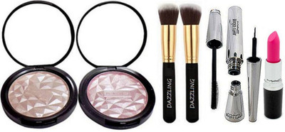 DAZZLING Makeup Brush 2, Fit Beauty powder Illuminator Pack of 2, Eyeliner & Mascara & Pink Lipstick(Set of 7)