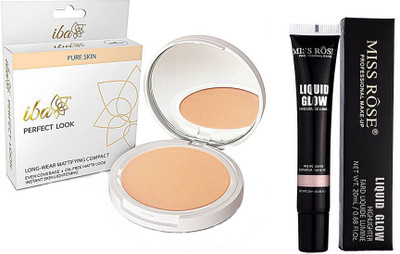 

iba Perfect Look Long Wear Mattifying Compact Fair Pearl 01 and miss rose Liquid Highlighter Illuminator (02) Highlighter (Glow) combo(Set of 2)