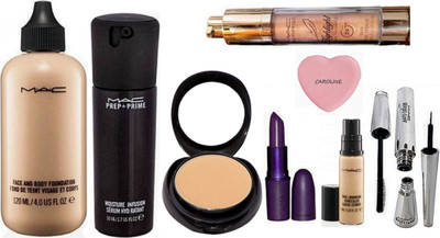 

CAROLINE Silicon Puff &Mac Face and body Foundation, Pro Long Wear Concealer, Giambattista valli Lipstick, Brook Candy Eyeliner & Mascara , Prep+prime Moisture Infusion Serum, Highlighter, Compact(Set of 9)
