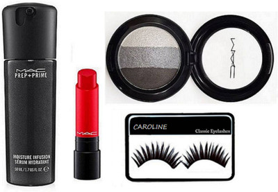

CAROLINE Eyelashes & Mac 3 shade Eyeshadow, Prep+prime Moisture Infusion Serum, Liptensity Lipstick(Set of 4)