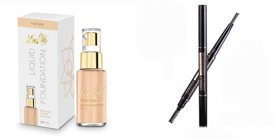 

iba halal care Skin Liquid Foundation golden Beige with 2 in 1 Eyebrow Pencil with Eye Brows Brush Waterproof and Long-lasting dark brown 03 (dark brown)(Set of 2)