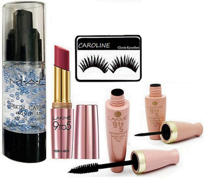 

CAROLINE eyelashes, Mac Skin Caviar Primer, 9to5 Waterproof Eyeliner Mascara, Primer+Matte Lipstick(Set of 5)