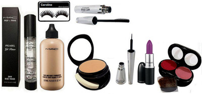 

Caroline Eyelashes, Mac Prep+Prime Pearl Primer, Two way compact, Face & Body Foundation, 2 Shades Blusher, Matte Finish Herion Lipstick, Brooke Candy Eyeliner & Mascara(Set of 8)