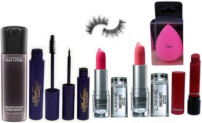 

tiara Sponge puff , prep+Prime Face Serum, Lakme enrich Pink And orange Lipstick , padma eyeliner &Mascara , Eyelashes , Liptensity Lipstick(Set of 8)