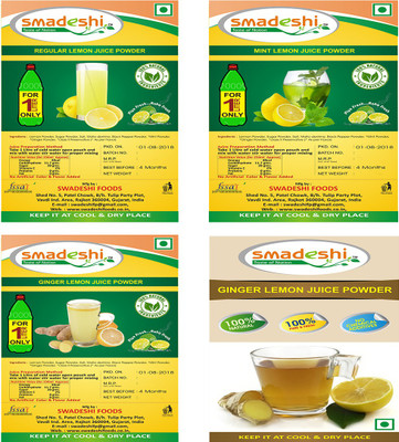 

smadeshi Regular Lemon juice zip pack (100 grams), Ginger Lemon juice zip pack (100 grams), Mint Lemon juice zip pack (100 grams) with free Ginger Lemon juice pouch pack (17 garam) 10pcs(117 g, Pack of 4)