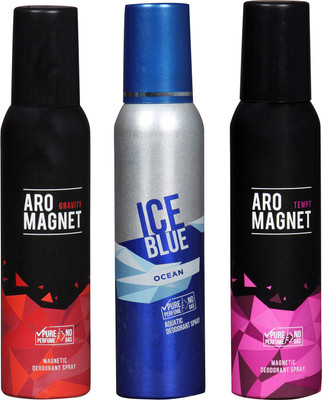 

Arochem ARO MAGNET GRAVITY AND ICE BLUE AND ARO MAGNET TEMPT 3 PACK COMBO DEODORANT NEW LATEST COMBO PACK OF 3 200 ML BOTTAL PURE PERFUME NO ALCOHOL DYNAMIC DEODORANT SPRAY Deodorant Spray - For Men & Women(200 ml, Pack of 3)