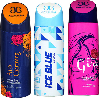 

AROCHEM ARO CHARMING , ICE BLUE AND CHARMING GIRL DYNAMIC PURE Deodorant Spray - For Men & Women(200 ml, Pack of 3)