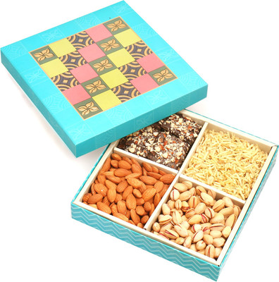 

Ghasitaram Gifts Chocolate Hampers-Blue Colour Print Hamper box with Almonds, Pistachios, Namkeen and English Brittles Chocolate Hampers 400 gms Combo(5)