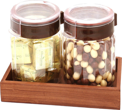 Ghasitaram Gifts Chocolates-Set of 2 Chocolates and Nutties Air Tight Containers with Wooden Tray Combo(4)