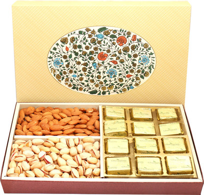 

Ghasitaram Gifts Chocolate Hampers-Eco 4 Part Print 12 Pcs Chocolate Hampers ,Almonds and Pistachios Hamper Box Combo(4)