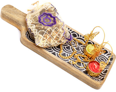 

Ghasitaram Gifts Chocolate Hampers-Wooden Blue Serving Platter with 2 Hanging T-Lite and English Brittles Pouch Combo(4)