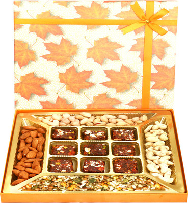 

Ghasitaram Gifts Hampers Orange Print Almonds, Cashews, Pistachios, Roasted Protein Mix and 9 pcs Sugarfree Figs and Dates Bites Combo(6)