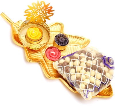 

Ghasitaram Gifts Chocolate Hampers-Golden Leaf Platter with Om T-Lite and Nutties Pouch Combo(3)