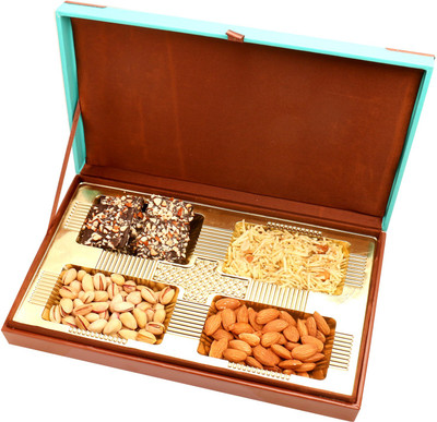 

Ghasitaram Gifts Chocolate Hampers-Green Wooden Hamper box with Almonds, Pistachios, Namkeen and English Brittles Chocolate Hampers 400 gms Combo(5)