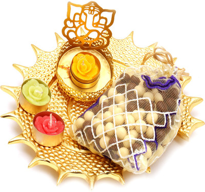 

Ghasitaram Gifts Chocolate Hampers-Golden Shell Platter with Ganesha T-Lite and Nutties Pouch Combo(3)