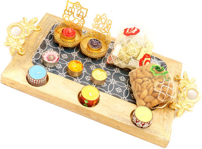 

Ghasitaram Gifts Chocolate Hampers-Big Wooden Serving platter with Shadow Laxmi Ganesha T-lite, 6 t-lites, Almonds and Chocolate Hampers Pouches Combo(11)