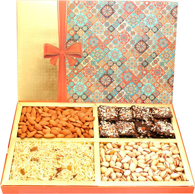 

Ghasitaram Gifts Chocolate Hampers-Printed Bow Hamper box with Almonds, Pistachios, Namkeen and English Brittles Chocolate Hampers 800 gms Combo(5)