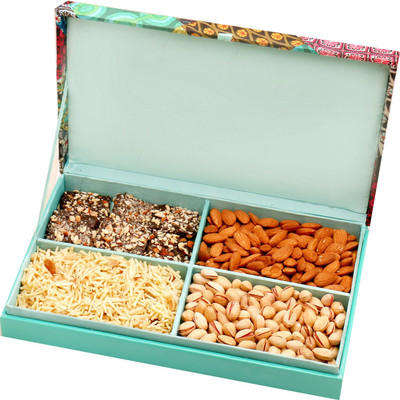 

Ghasitaram Gifts Chocolate Hampers-Festive Wooden Hamper box with Almonds, Pistachios, Namkeen and English Brittles Chocolate Hampers 800 gms Combo(5)