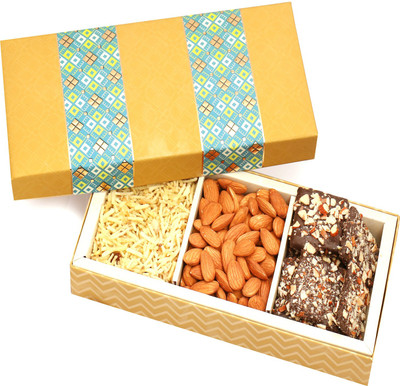 

Ghasitaram Gifts Chocolate Hampers-3 Part Print Almonds, English Brittles Chocolate and Namkeen Box Combo(4)