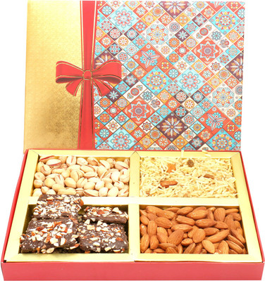 

Ghasitaram Gifts Chocolate Hampers-Printed Bow Hamper box with Almonds, Pistachios, Namkeen and English Brittles Chocolate Hampers 400 gms Combo(5)