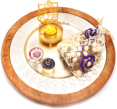 

Ghasitaram Gifts Chocolate Hampers-Silver Wooden Platter with Ganesha T-Lite and Nutties Pouch Combo(3)