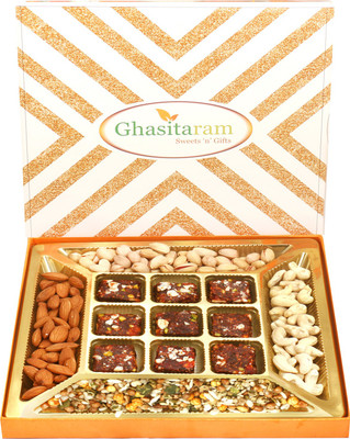 Ghasitaram Gifts Hampers Ghasitaram Special Almonds, Cashews, Pistachios, Roasted Protein Mix and 9 pcs Sugarfree Figs and Dates Bites Combo(5)