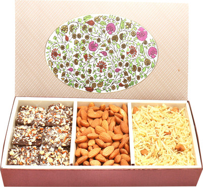 

Ghasitaram Gifts Chocolate Hampers-3 Part Eco Almonds, English Brittles Chocolate and Namkeen Box Combo(4)