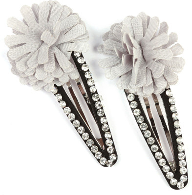 NeedyBee Pack of 2 Silver Grey Flower Tic Tac Clips with Diamond Border for Formal wear for Baby Girls Hair Clip(Silver)